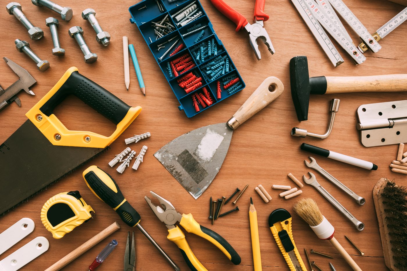 Flat lay of hand tools for home improvement
