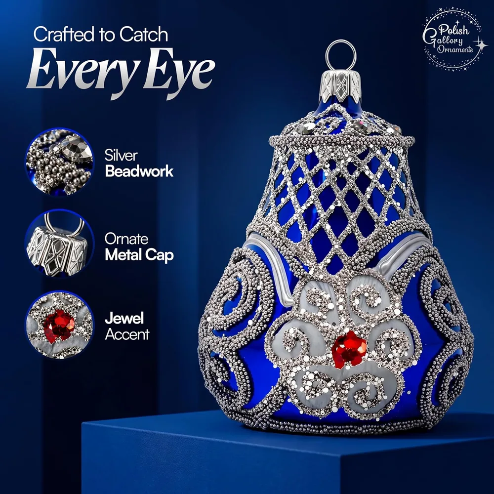 Feature callout listing image for a glass bell ornament