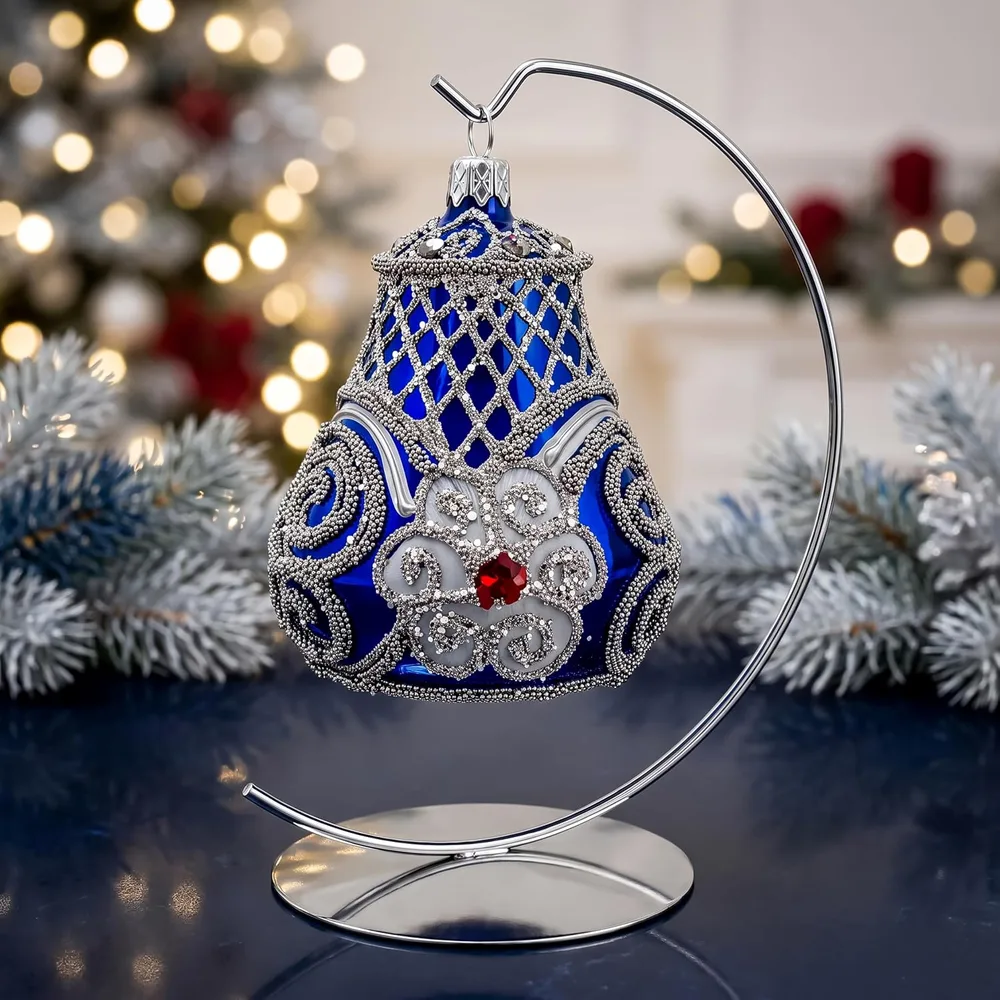 Royal Blue Glass Bell Ornament, listing image 6: On a stand