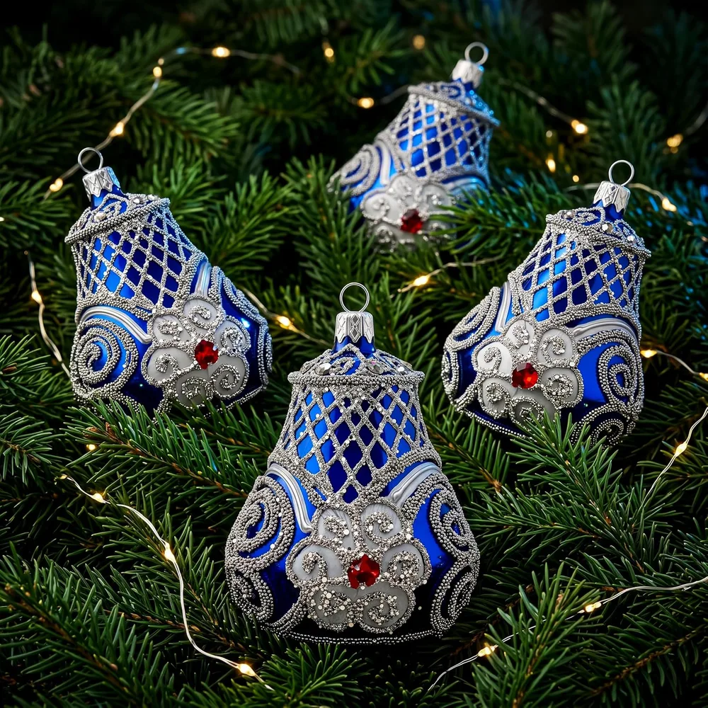 Royal Blue Glass Bell Ornament, listing image 7: In a set