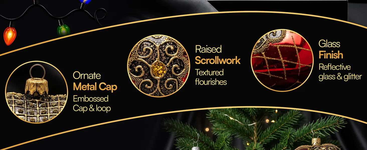 Palace Red Glass Heart Ornament Premium A+ module 2: Ornate metal cap, raised scrollwork, glass finish