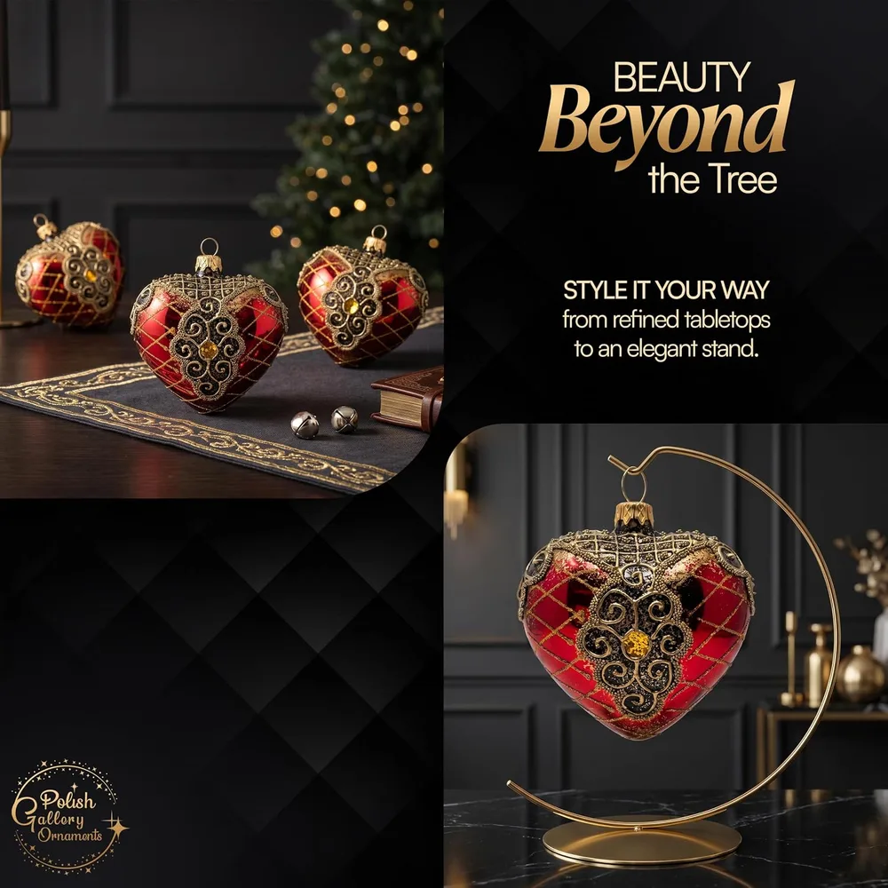 Palace Red Glass Heart Ornament, listing image 6: Beauty beyond the tree