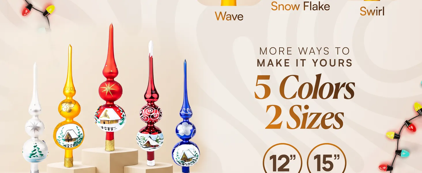 Gold Swirl Glass Tree Topper Premium A+ module 5: Five colors, two sizes (12 and 15 inch)