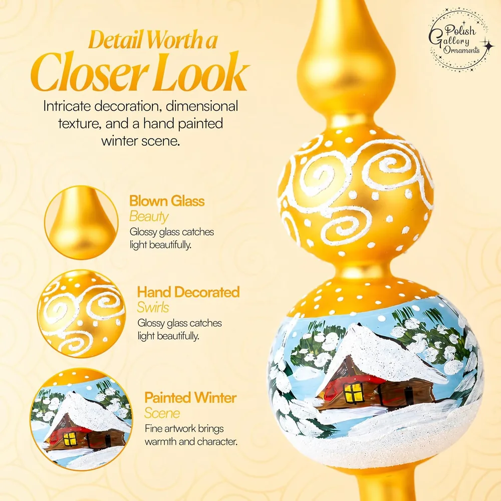 Slot 3: glass tree topper with callouts for blown glass, hand decoration and painted scene