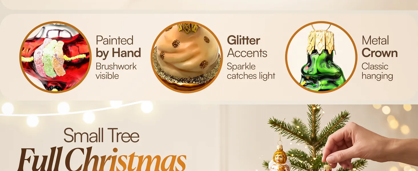 Mini Glass Tree Ornament Premium A+ module 2: Painted by hand, glitter accents, metal crown