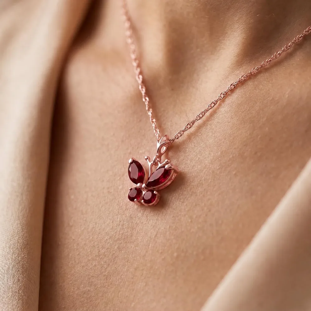 Ruby Butterfly Necklace, listing image 4: Close on the skin
