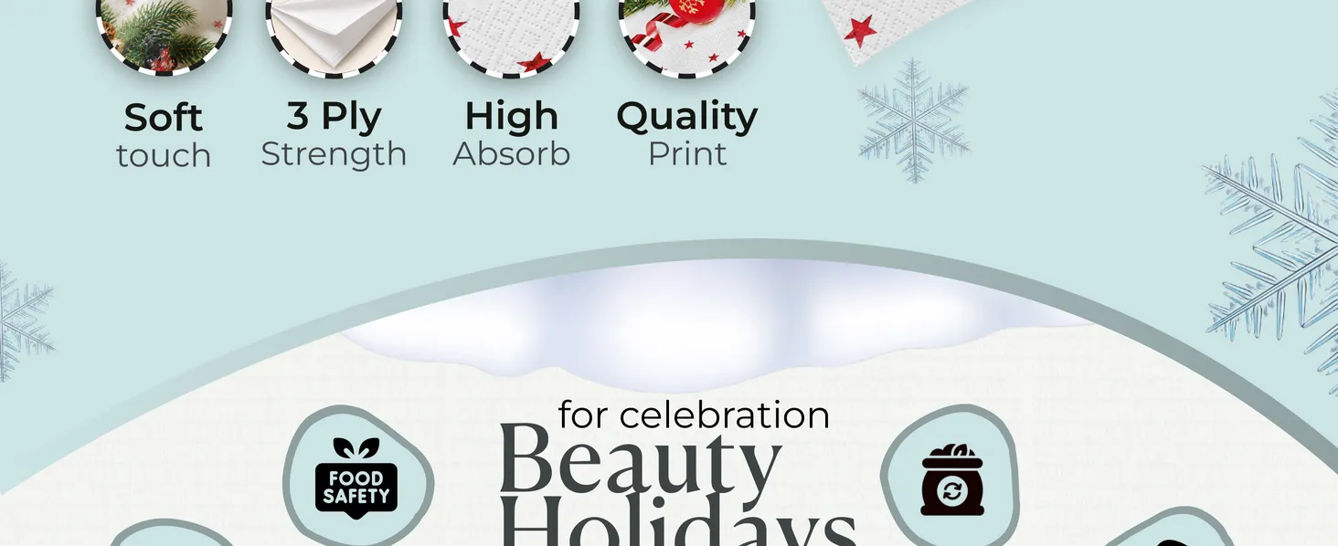 Snowy Village Christmas Napkins Premium A+ module 4: Feature icons for the eco-minded buyer