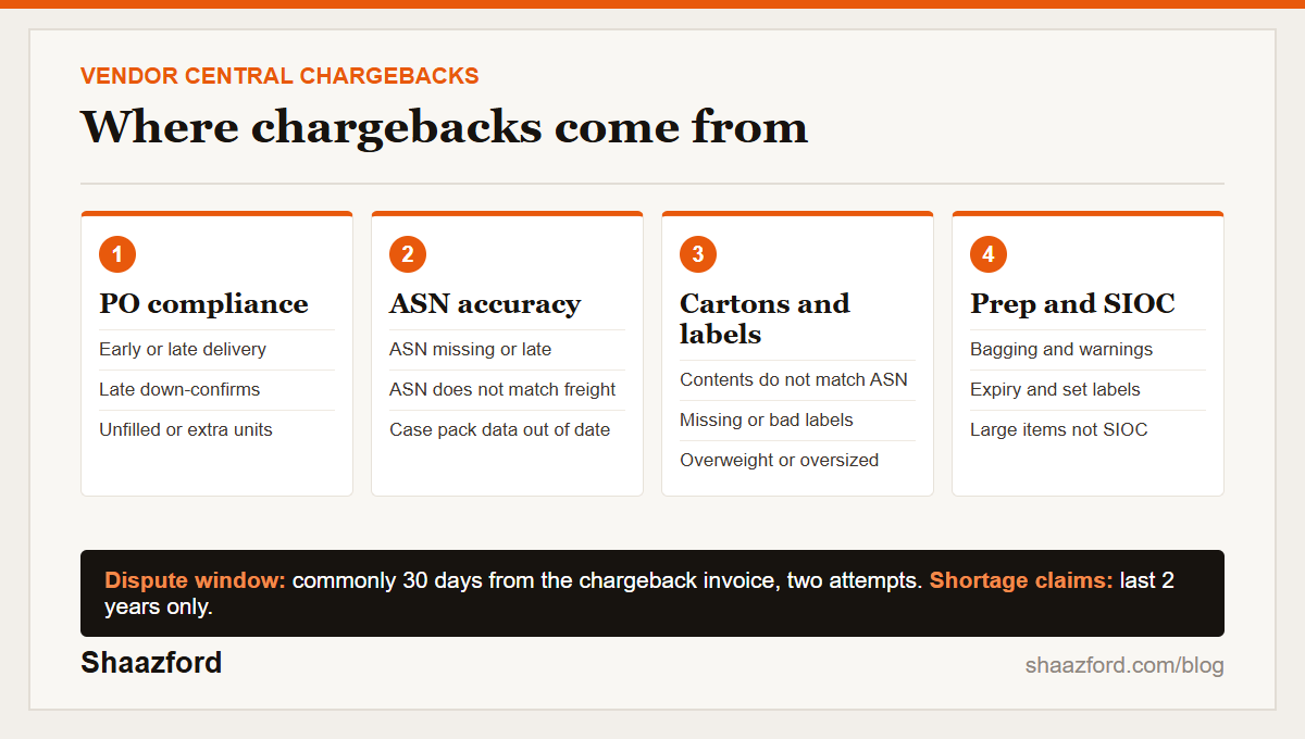 Amazon Vendor Central chargebacks at a glance: purchase order compliance, ASN accuracy, carton and labeling, prep, and the 30-day dispute window