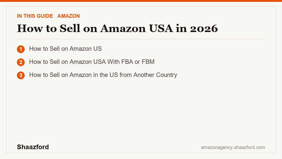 How to Sell on Amazon USA in 2026: How to Sell on Amazon US, How to Sell on Amazon USA With FBA or FBM, How to Sell on Amazon in the US from Another Country at a glance